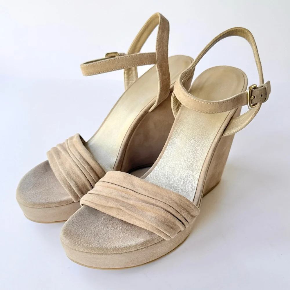 Stuart Weitzman Sundraped Tan / Beige Suede Wedge Ankle Strap Sandals 8.5